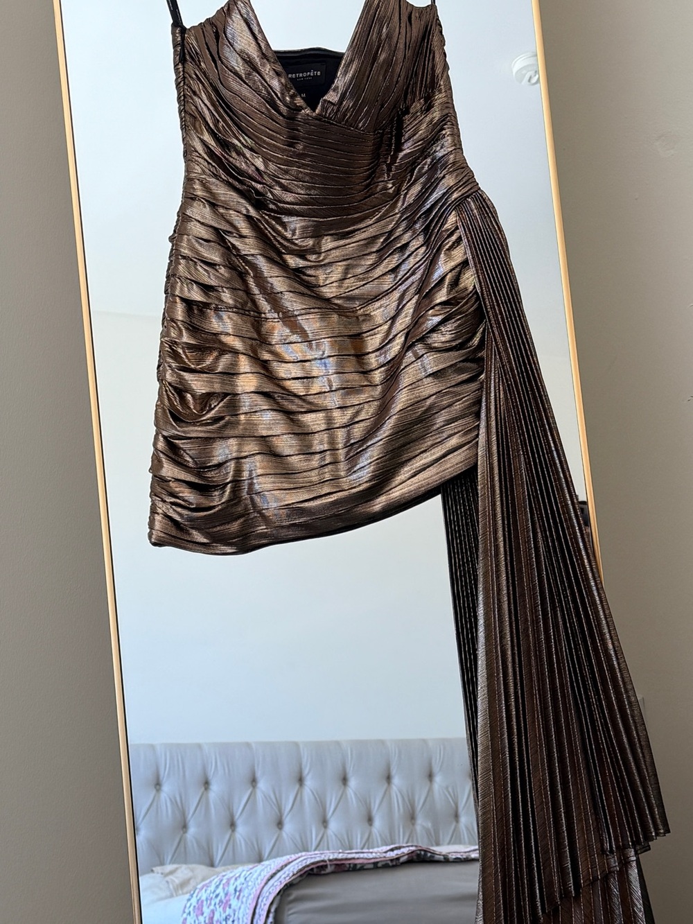 Retrofete Metallic Bronze Ruched Mini Dress with Draped Pleat